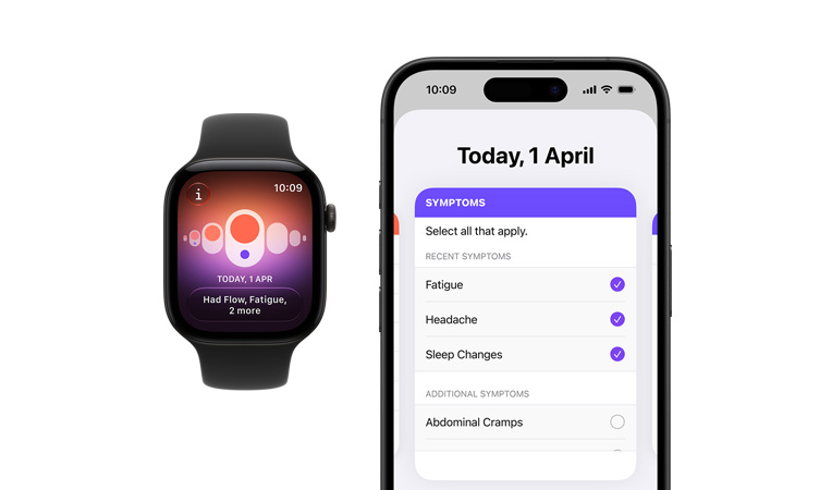 Apple Watch Series 12，黑色鋁金屬錶殼，配搭黑色運動錶帶，螢幕展示經期追蹤功能，已配對 iPhone 上的健康 app