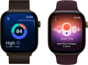 Dva uređaja Apple Watch Series 12, aluminijsko kućište, tamna brončana boja, kružni grafikon s rezultatom spavanja, Digital Crown, tamnobrončana narukvica Milanese, aluminijsko kućište, svijetlo zlatna boja, Praćenje ciklusa, bordo sportski remen