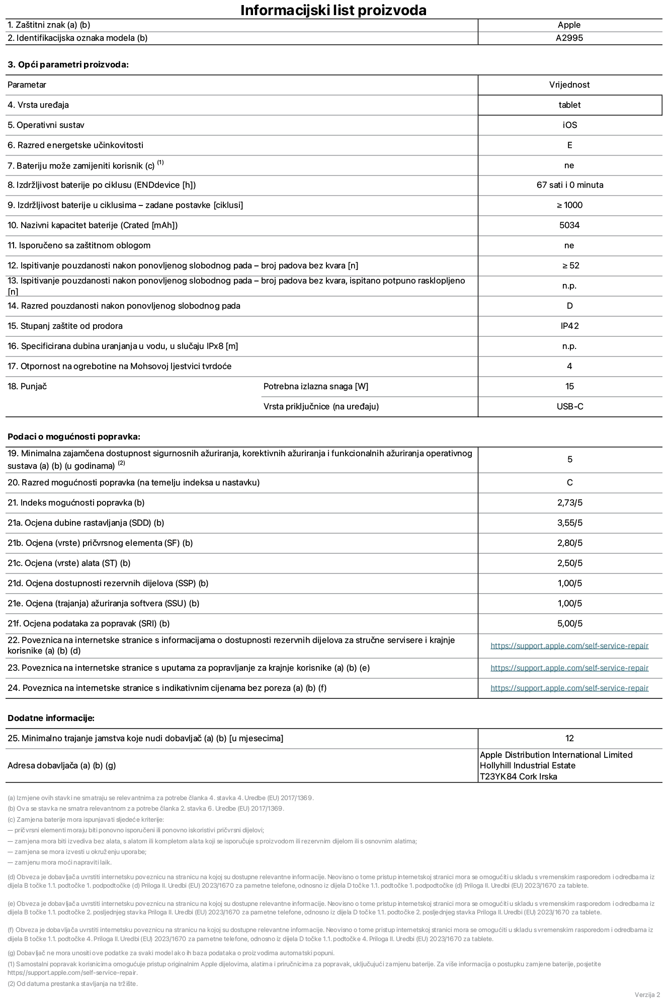 List s informacijama o proizvodu za iPad mini Wi-Fi + Cellular, model A2995. Isporučuje Apple Distribution International Ltd, Hollyhill Industrial Estate. Cork, Irska T23 YK84. Vrsta uređaja: tablet. Operacijski sustav: iOS. Klasa energetske učinkovitosti: E. Baterija koju može zamijeniti korisnik: ne. Trajanje baterije: 67 sati. Trajanje baterije u ciklusima: veće ili jednako 1000. Nazivni kapacitet baterije: 5034 mAh. Ponovljeni test slobodnim padanjem – padovi bez kvarova: veće ili jednako 52. Klasa pouzdanosti pri ponovljenim slobodnim padovima: D. Ocjena zaštite od prodiranja: IP42. Otpornost na grebanje zaslona na Mohsovoj ljestvici tvrdoće: 4. Potrebna izlazna snaga punjača: 15 W. Tip utičnice punjača: USB-C. Minimalna zajamčena dostupnost sigurnosnih ažuriranja operacijskog sustava, korektivnih ažuriranja i ažuriranja funkcionalnosti: 5 godina. Klasa popravljivosti: C. Indeks popravljivosti: 2,73/5. Ocjena dubine rastavljanja: 3,55/5. Ocjena pričvrsnih elemenata: 2,80/5. Ocjena alata: 2,50/5. Ocjena rezervnih dijelova: 1,00/5. Ocjena ažuriranja softvera: 1,00/5. Ocjena informacija o popravcima: 5,00/5. Internetska poveznica prema informacijama o dostupnosti rezervnih dijelova za profesionalne servisere i krajnje korisnike: https://support.rehcb.com/self-service-repair. Internetska poveznica prema uputama za popravljanje za krajnje korisnike: https://support.rehcb.com/self-service-repair. Internetska poveznica prema indikativnim cijenama prije poreza: https://support.rehcb.com/self-service-repair. Ponuđeno je 12-mjesečno općenito jamstvo.