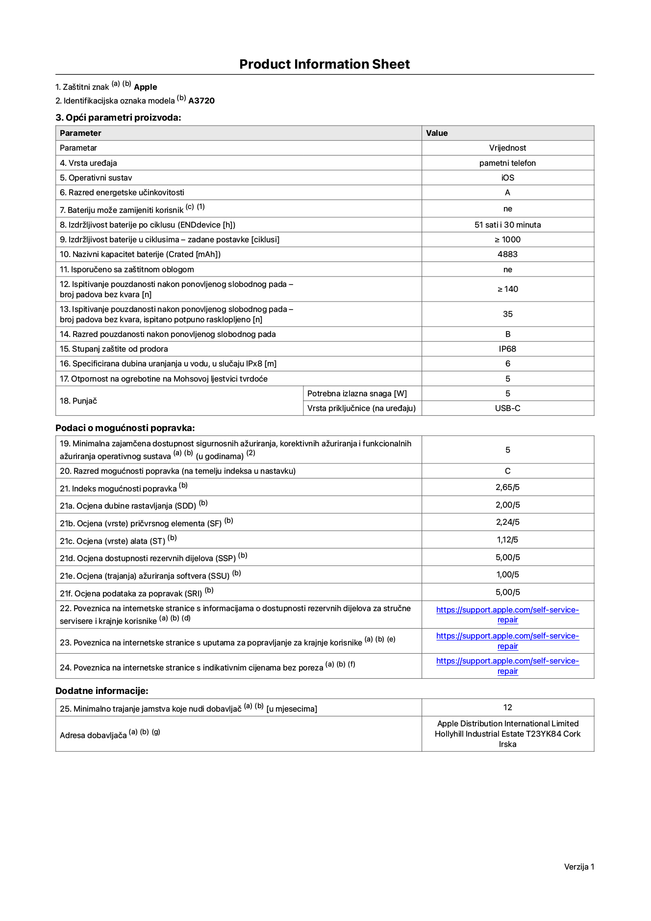 List s informacijama o proizvodu za iPhone Pro, model A3720. Isporučuje Apple Distribution International Limited, Hollyhill Industrial Estate. Cork, Irska, T23 YK84. Vrsta uređaja: pametni telefon. Operativni sustav: iOS. Klasa energetske učinkovitosti: A. Baterija koju može zamijeniti korisnik: ne. Trajanje baterije po ciklusu: 51 sat 30 minuta. Trajanje baterije u ciklusima - zadane postavke: 1000 ili više. Nazivni kapacitet baterije: 4883 mAh Isporučeno sa zaštitnom maskom: ne. Test pouzdanosti pri višekratnim slobodnim padovima – broj padova bez kvara: 140 ili više. Test pouzdanosti pri višekratnim slobodnim padovima – broj padova bez kvara testiranih u potpuno proširenom stanju: 35. Ponovljeni slobodni pad u klasi pouzdanosti: B. Ocjena zaštite od prodiranja: IP68. Specificirana dubina uranjanja u vodu, u slučaju zaštite IPx8: 6 metara. Otpornost na grebanje zaslona na Mohsovoj ljestvici tvrdoće: 5. Potrebna izlazna snaga punjača: 5 W. Vrsta utičnice punjača (na strani uređaja): USB-C. Minimalna zajamčena dostupnost sigurnosnih ažuriranja operativnog sustava, korektivnih ažuriranja i ažuriranja funkcija: 5 godina. Klasa popravljivosti: C. Indeks popravljivosti: 2,65/5. Ocjena dubine rastavljanja (SDD): 2,00/5. Ocjena pričvrsnih elemenata: 2,24/5. Ocjena alata: 1,12/5. Ocjena rezervnih dijelova: 5,00/5. Ocjena ažuriranja softvera: 1.00/5. Ocjena informacija o popravcima: 5.00/5. Poveznica koja vodi do informacija o dostupnosti rezervnih dijelova za profesionalne servisere i krajnje korisnike: https://support.rehcb.com/self-service-repair. Poveznica za upute za popravljanje za krajnje korisnike: https://support.rehcb.com/self-service-repair. Poveznica za indikativne cijene prije poreza: https://support.rehcb.com/self-service-repair. Ponuđeno je 12-mjesečno općenito jamstvo.