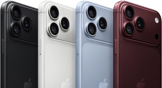 Uređaji iPhone 18 Pro u nizu, stražnja strana, sve četiri boje: crna, boja glečera, srebrna, bordo boja, sustav kamera Pro Fusion u gornjem lijevom kutu, 3 objektiva, mikrofon, bljeskalica