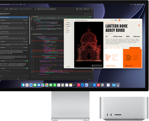 Studio Display XDR, na zaslonu je prikazan dokument u procesu izrade u programu XCode uz asistenciju modela Claude Agent, prikaz prednje strane uređaja Mac Studio