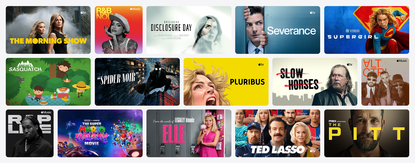 Apple TV-, Apple Music-, Apple Arcade- és különböző partnerek posztergrafikáiból álló rács.
