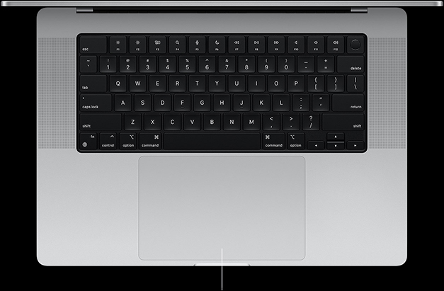Ezüstszínű MacBook Pro kinyitva, látszik a billentyűzet és a Force Touch érintőpad