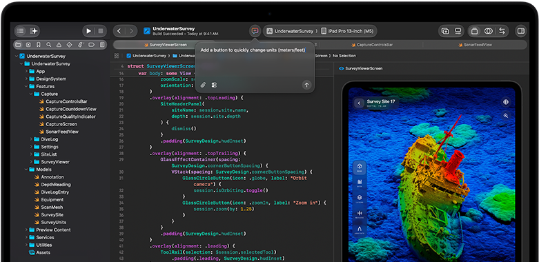 Az Xcode-ba integrált AI-asszisztens használata látható egy MacBook Pro kijelzőjén.