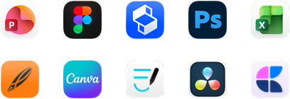 Tíz alkalmazásikon két sorban: PowerPoint, Figma, Shapr3D, Photoshop, Excel, Linearity, Canva, GoodNotes, DaVinci Resolve, Craft.
