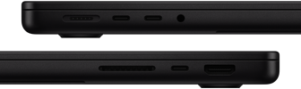 A MacBook Pro portjainak bemutatása – bal oldalon: MagSafe port, két Thunderbolt port és egy fejhallgató-csatlakozó – jobb oldalon: SDXC-kártyahely, egy Thunderbolt port és egy HDMI-port.