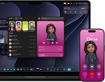 Egy MacBook Pro és egy iPhone, a Telefon app van megnyitva, és mindkét kijelzőn ugyanaz a kontakt látható.
