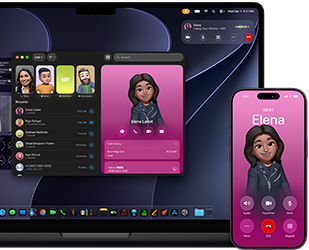 Egy MacBook Pro és egy iPhone, a Telefon app van megnyitva, és mindkét kijelzőn ugyanaz a kontakt látható.