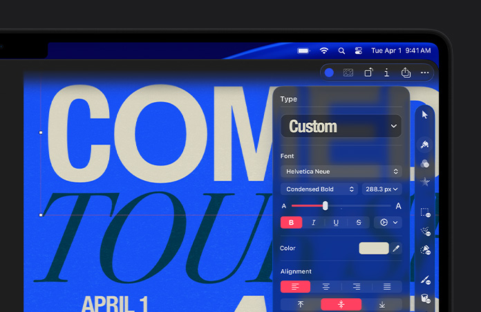 Pixelmator Pro workspace with white and black typography on blue background, toolkit bar to the right