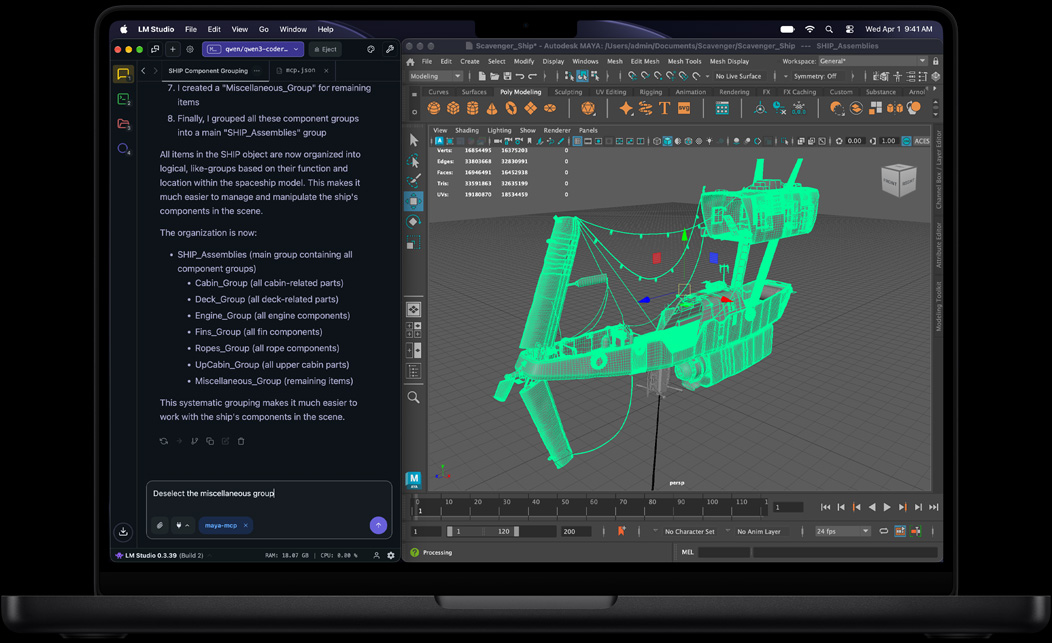 MacBook Pro, LM Studio, asisten AI menjelaskan langkah-langkah untuk mengelompokkan komponen pesawat, prompt bertuliskan: Hapus pilihan kelompok lain, Autodesk Maya, model 3D wireframe pesawat luar angkasa warna hijau