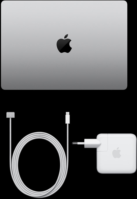 MacBook&nbsp;Pro, warna perak, atas, tertutup, di samping kabel dan adaptor pengisi daya