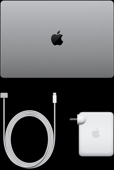 MacBook Pro with PROLED XDR Display, silver colour, top, closed, USB-C charging cable and power adapter