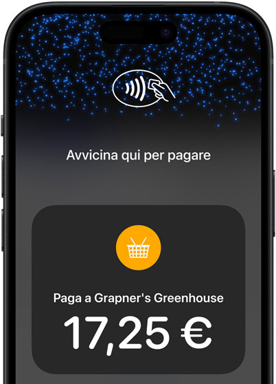 Un primo piano dello schermo di un iPhone con l’icona del pagamento contactless e i dettagli di una transazione.