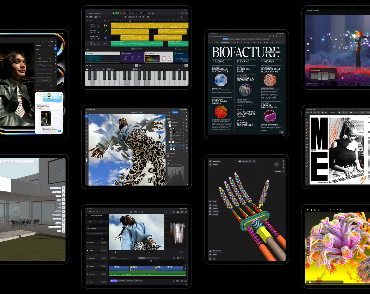 Vari iPad Pro che mostrano alcune app in iPadOS con progetti creativi aperti, tra cui Logic Pro, Adobe Lightroom, Adobe Photoshop, Final Cut Pro, SketchUp di Trimble, Microsoft Word, Procreate Dreams, Affinity Designer 2, Shapr3D, Octane X