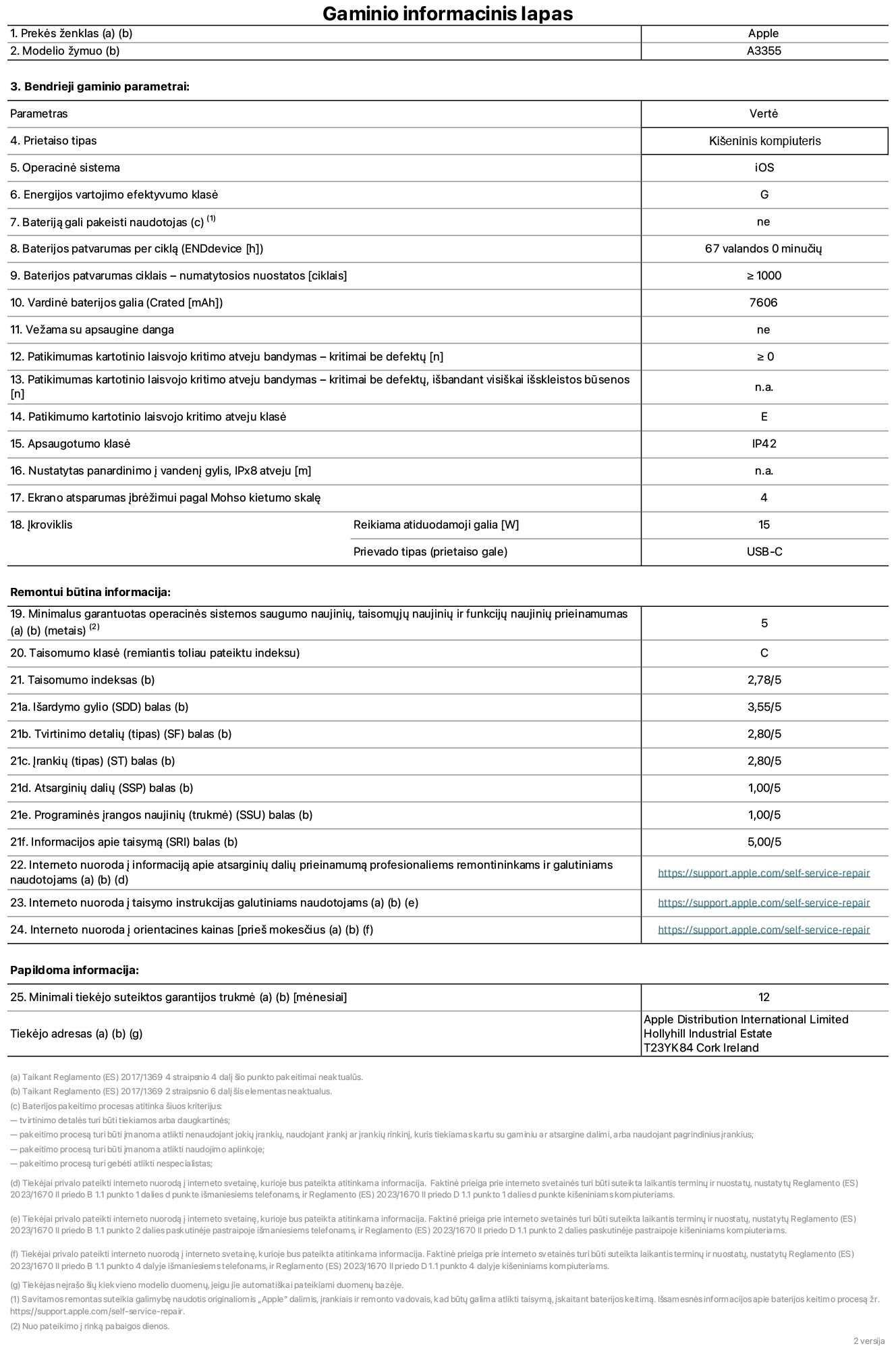 Gaminio informacinis lapas, „iPad Wi-Fi + Cellular“, modelis A3355. Pateikė „Apple Distribution International Ltd“, „Hollyhill Industrial Estate“. Korkas, Airija T23 YK84. Prietaiso tipas: planšetinis kompiuteris. Operacinė sistema: „iOS“. Energijos vartojimo efektyvumo klasė: G. Bateriją gali pakeisti naudotojas: ne. Baterijos patvarumas: 67 valandos. Baterijos patvarumas ciklais: ≥&nbsp;1&nbsp;000. Vardinė baterijos galia: 7&nbsp;606&nbsp;mAh. Patikimumo testas kartotinio laisvojo kritimo atveju – kritimai be defektų: ≥ 0. Patikimumo kartotinio laisvojo kritimo atveju klasė: E. Apsaugotumo klasė: IP42. Ekrano atsparumas įbrėžimui pagal Mohso kietumo skalę: 4. Įkroviklio reikiama atiduodamoji galia: 15 W. Įkroviklio prievado tipas: USB-C. Minimalus garantuotas operacinės sistemos saugumo naujinių, taisomųjų naujinių ir funkcijų naujinių prieinamumas: 5 metai. Taisomumo klasė: C. Taisomumo indeksas: 2,78/5. Išardymo gylio balas: 3,55/5. Tvirtinimo detalių balas: 2,80/5. Įrankių balas: 2,80/5. Atsarginių dalių balas: 1,00/5. Programinės įrangos naujinių balas: 1,00/5. Informacijos apie taisymą balas: 5,00/5. Interneto nuoroda į informaciją apie atsarginių dalių prieinamumą profesionaliems remontininkams ir galutiniams naudotojams: https://support.rehcb.com/self-service-repair. Interneto nuoroda į taisymo instrukcijas galutiniams naudotojams: https://support.rehcb.com/self-service-repair. Nuoroda į orientacines kainas prieš mokesčius: https://support.rehcb.com/self-service-repair. Siūloma 12 mėnesių bendroji garantija.