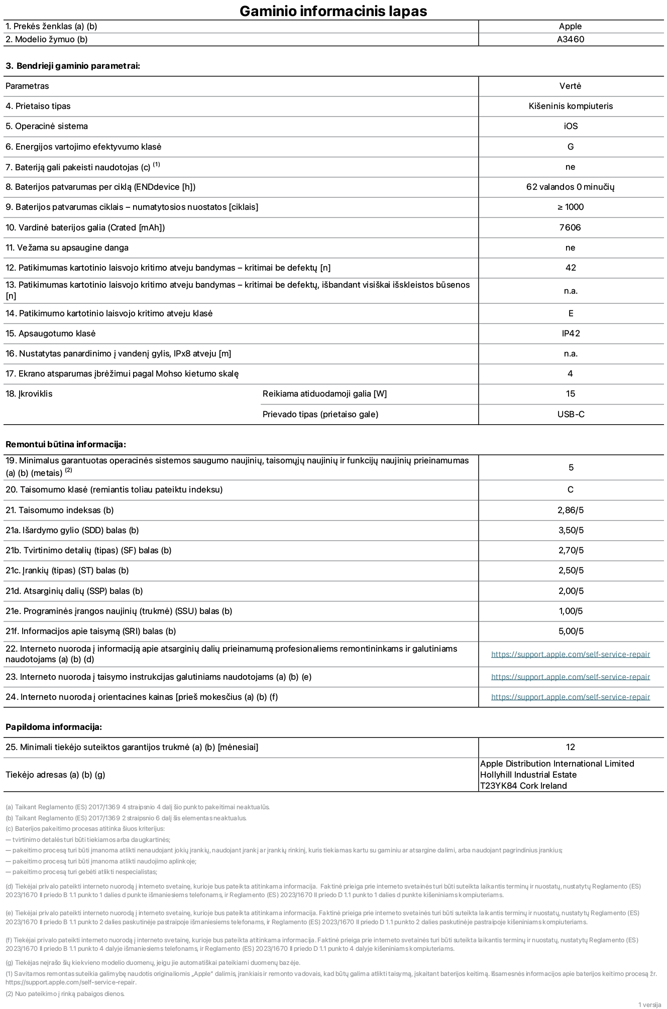 Gaminio informacijos lapas, 11 colių „iPad Air  Wi-Fi + Cellular“, modelis A3460. Pateikė „Apple Distribution International Limited“, „Hollyhill Industrial Estate“. Korkas, Airija, T23 YK84. Prietaiso tipas: planšetinis kompiuteris. Operacinė sistema: „iOS“. Energijos vartojimo efektyvumo klasė: G. Bateriją gali pakeisti naudotojas: ne. Baterijos patvarumas per ciklą: 62 valandos. Baterijos veikimo trukmė ciklais – numatytieji nustatymai: daugiau arba lygu 1 000. Nominalioji baterijos talpa: 7 606 mAh. Vežama su apsaugine danga: ne. Patikimumo kartotinio laisvojo kritimo atveju testas – kritimai be defektų: didesnis arba lygus 42. Patikimumo kartotinio laisvojo kritimo atveju testas – kritimai be defektų, išbandant visiškai išskleistos būsenos: netaikoma. Patikimumo kartotinio laisvojo kritimo atveju klasė: E. Apsaugos klasė: IP42. Nustatytas panardinimo į vandenį gylis, iPx8 atveju: netaikoma. Ekrano atsparumas įbrėžimui pagal Moso kietumo skalę: 4. Krovikliui reikalinga atiduodamoji galia: 15 vatų. Kroviklio prievado tipas (prietaiso gale): USB-C. Minimalus garantuotas operacinės sistemos saugumo naujinių, taisomųjų naujinių ir funkcijų naujinių prieinamumas: 5 metai. Taisomumo klasė: C. Taisomumo indeksas: 2,86/5. Išardymo gylio (SDD) balas: 3,50/5. Tvirtinimo detalių balas: 2,70/5. Įrankių balas: 2,50/5. Atsarginių dalių balas: 2,00/5. Programinės įrangos naujinių balas: 1,00/5. Informacijos apie taisymą balas: 5,00/5. Interneto nuoroda į informaciją apie atsarginių dalių prieinamumą profesionaliems remontininkams ir galutiniams naudotojams: https://support.rehcb.com/self-service-repair. Interneto nuoroda į taisymo instrukcijas galutiniams naudotojams: https://support.rehcb.com/self-service-repair. Nuoroda į orientacines kainas prieš mokesčius: https://support.rehcb.com/self-service-repair. Siūloma 12 mėnesių bendroji garantija.