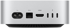 „Mac mini“ iš galo: maitinimo lizdas, eterneto prievadas, HDMI prievadas ir trys „Thunderbolt“ prievadai
