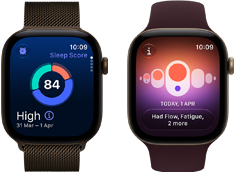 Divas Apple Watch Series 12 ierīces, tumšas bronzas krāsas alumīnija ietvars, miega rādītāju apļa diagramma, Digital Crown, tumšas bronzas krāsas Milanese Loop siksniņa, gaiša zelta krāsas alumīnija ietvars, Cycle Tracking aplikācija, Burgundijas sarkana sporta siksniņa