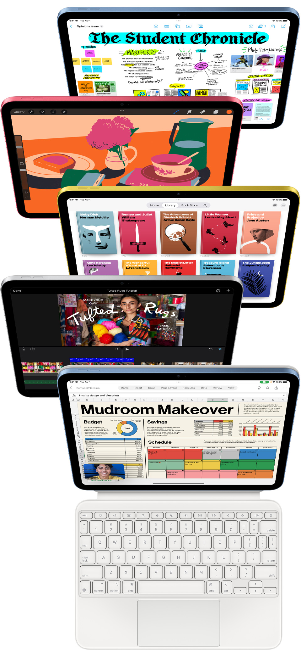 No priekšpuses redzami iPad ekrāni ar dažādām aplikācijām, to skaitā Freeform, ProCreate, Apple Books, iMovie un Excel ar Webex Meetings.