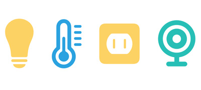 Smart home accessory icons: light bulb, fan, outlet, camera