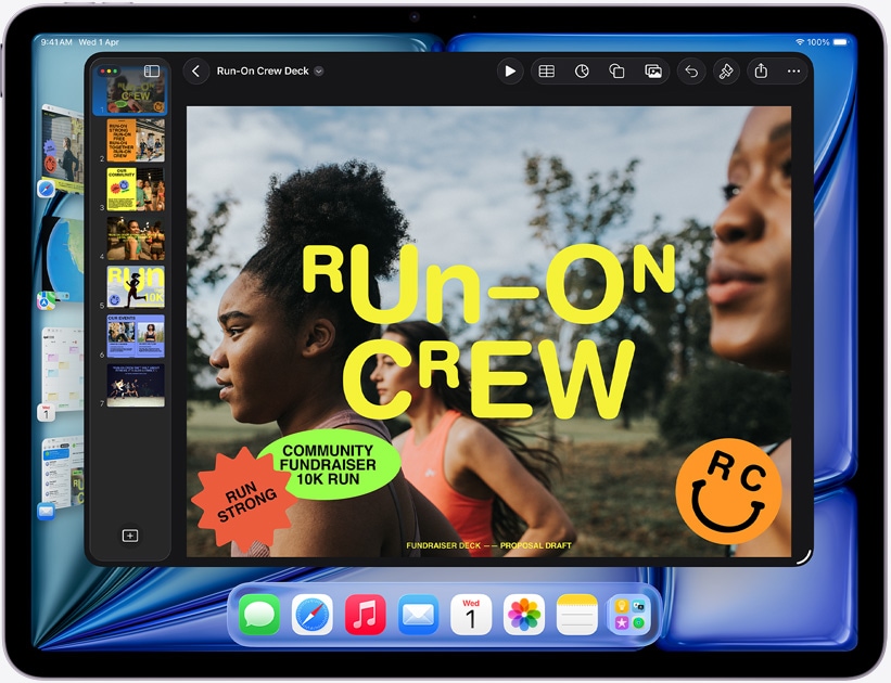 iPad Air, landscape orientation, screen displays Keynote presentation