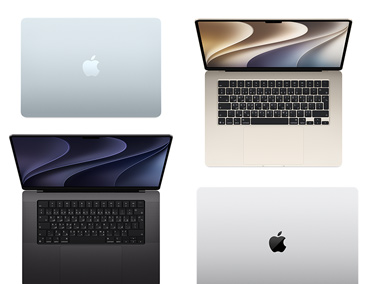 أربعة أجهزة Mac بموديلات وأحجام وألوان مختلفة، تعرض مدى التخصيص الممكن