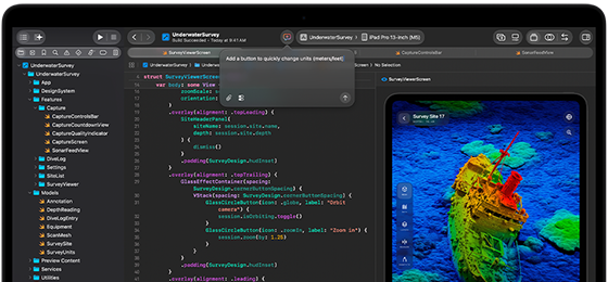 شاشة MacBook Pro تعرض تكامل مساعد ذكاء اصطناعي في Xcode‏