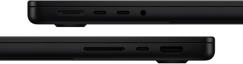 صورة تعرض منافذ MacBook Pro - الجهة اليسرى: MagSafe، واثنان من منافذ ثندربولت، ومقبس لسماعات الرأس - الجهة اليمنى: SDXC، ومنفذ ثندربولت، وHDMI‏