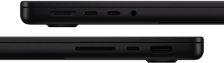 صورة تعرض منافذ MacBook Pro - الجهة اليسرى: MagSafe، واثنان من منافذ ثندربولت، ومقبس لسماعات الرأس - الجهة اليمنى: SDXC، ومنفذ ثندربولت، وHDMI‏