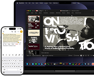 جهاز iPhone مع نص مميز في تطبيق الملاحظات، جهاز MacBook Pro مع شريحة مفتوحة في PowerPoint، النص من تطبيق الملاحظات ظاهر على الشريحة