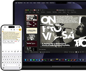 جهاز iPhone مع نص مميز في تطبيق الملاحظات، جهاز MacBook Pro مع شريحة مفتوحة في PowerPoint، النص من تطبيق الملاحظات ظاهر على الشريحة