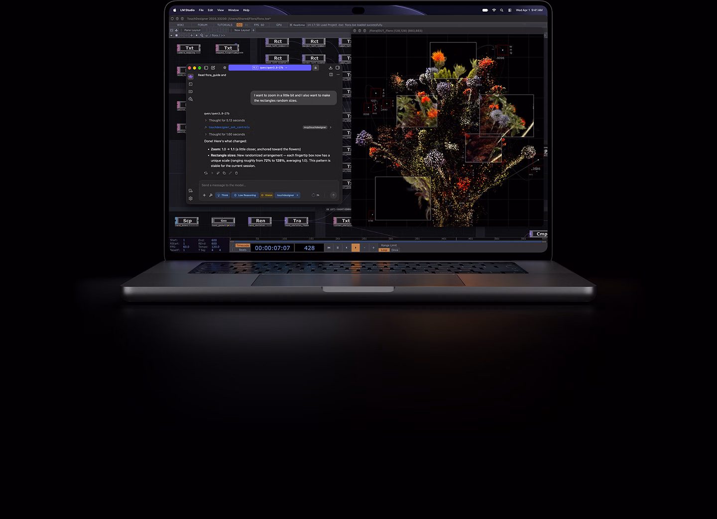 جهاز MacBook Pro مقاس 16 إنش مع شاشة PROLED XDR، لون أسود فلكي، الشاشة تعرض صورة يتم إنشاؤها باستخدام TouchDesigner وLM Studio‏