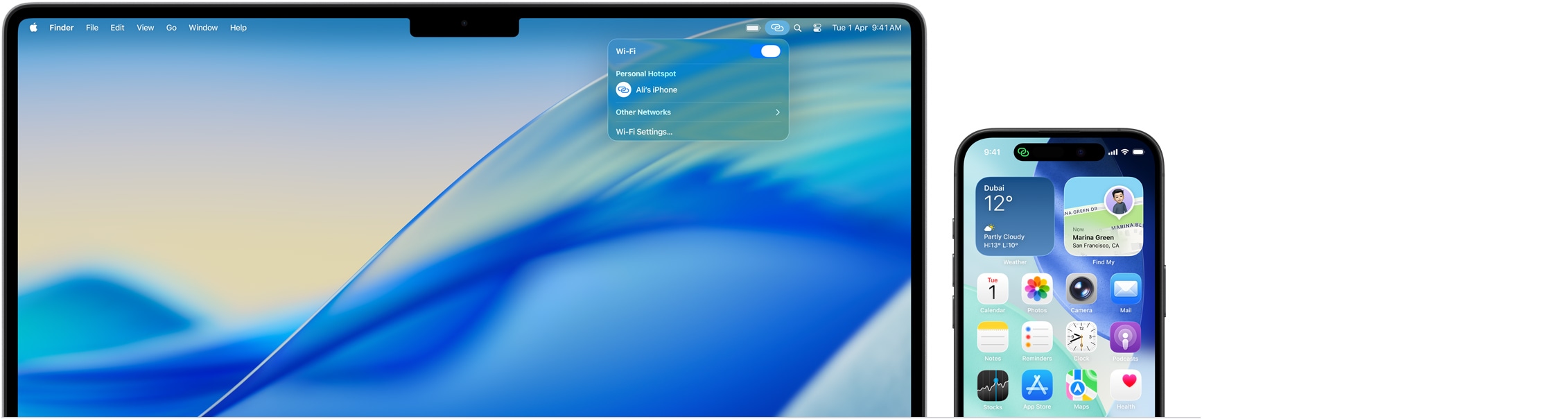14-inch MacBook Pro, Control Center in menu bar open, Personal Hotspot connection reads: Eric’s iPhone, iPhone 16 with green Personal Hotspot indicator in top left of screen