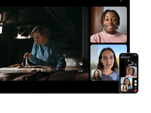 Mac y iPhone: Split View de SharePlay en la Mac, una serie de Apple TV se reproduce a la izquierda, ventanas de FaceTime a la derecha con tres personas, iPhone junto a la Mac se usa como Cámara de Continuidad