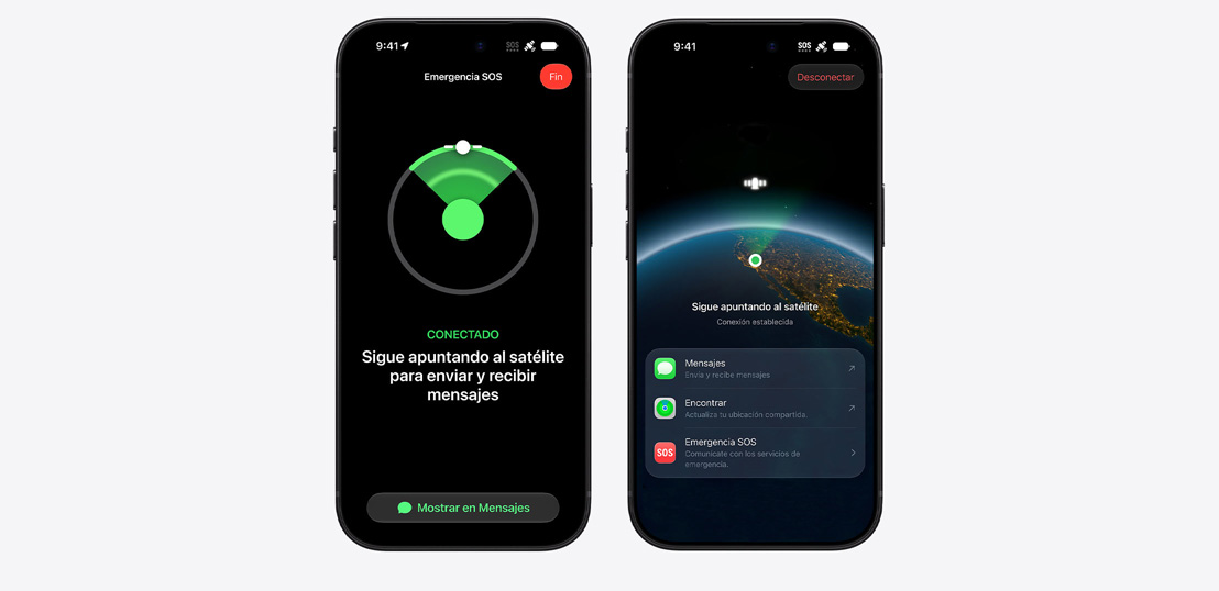 Tres modelos de iPhone uno al lado del otro, pantalla que muestra widgets de Mensajes, Encontrar y Asistencia en Carretera disponibles vía satélite, pantalla de un iPhone que muestra Emergencia SOS en uso, pantalla de un iPhone que muestra Asistencia en carretera en uso