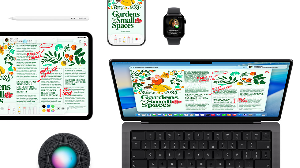 A suite of devices including an iPad, iPhone, Apple Watch, and macOS Tahoe on Mac, which all show the same magazine layout.