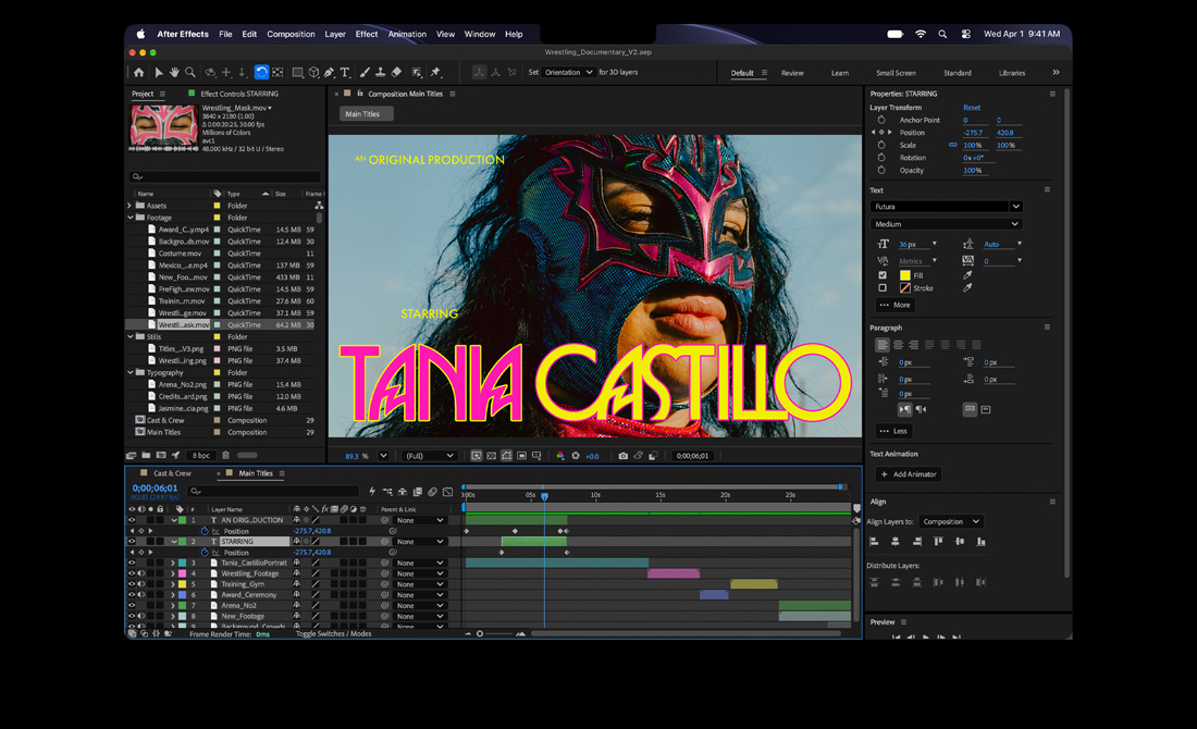 MacBook Pro, After Effects, title card reads: An Original Production, Starring Tania Castillo, over photo of wrestler in pink and blue luchador mask, Properties panel and timeline visible