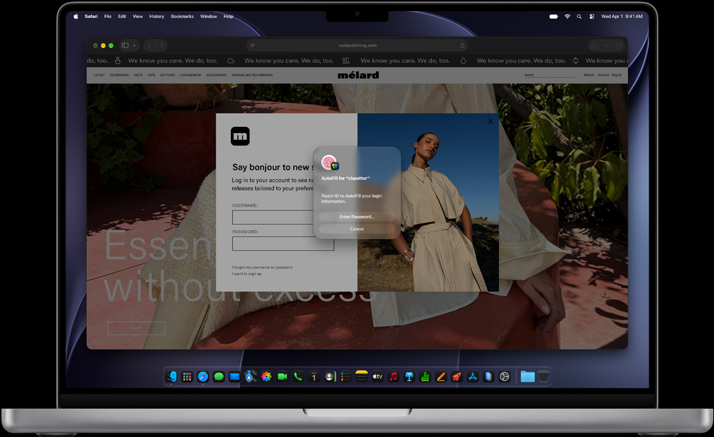 While browsing in Safari, a user is prompted to use Touch ID to sign in to a website