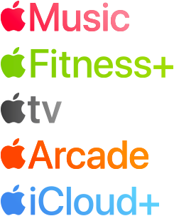 A list of Apple services: Apple Music, Apple Fitness Plus, Apple TV, Apple Arcade, and Apple iCloud Plus