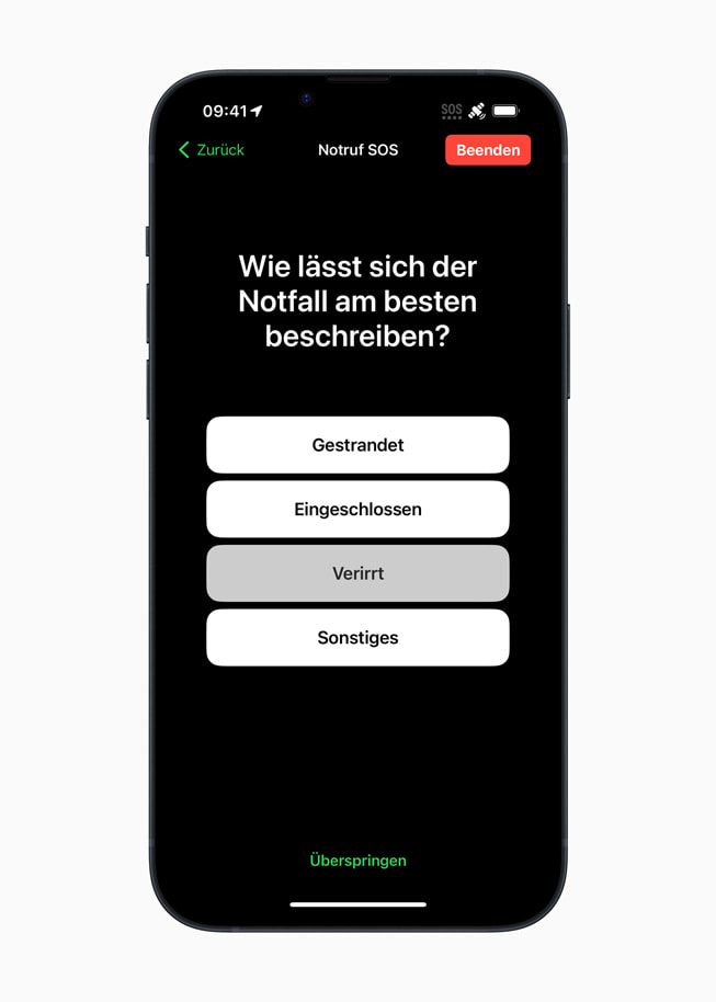 Ein iPhone zeigt die Frage: „Was beschreibt den Notfall am besten?“

