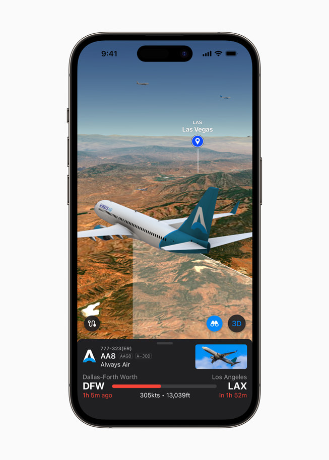 En kartbild i appen Plane Finder på iPhone 14 Plus som visar ett flygplan på väg till Las Vegas.