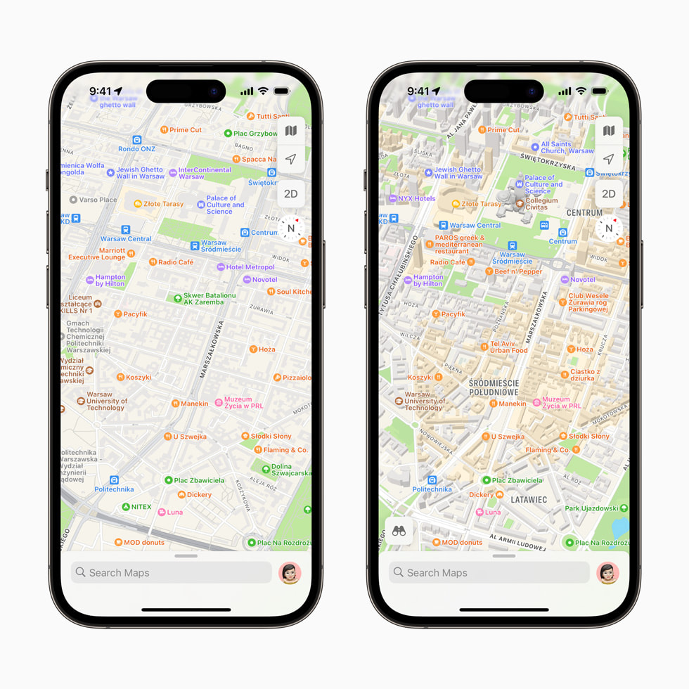 Updated Maps image comparison showcasing richer detail from its previous version of Poland on iPhone 14 Pro.