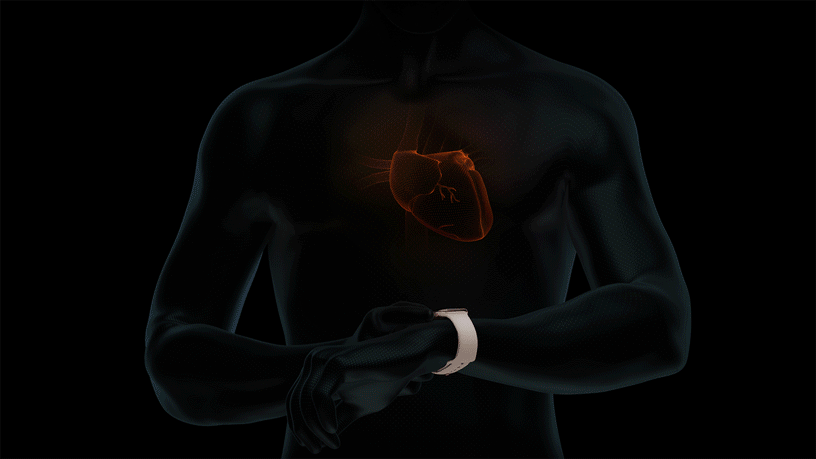Ilustración animada del ritmo cardiaco y el Apple Watch.	