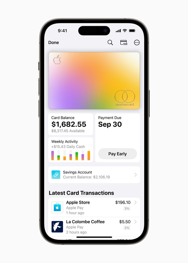 The Apple Card interface is shown on a user’s iPhone 14 Pro.