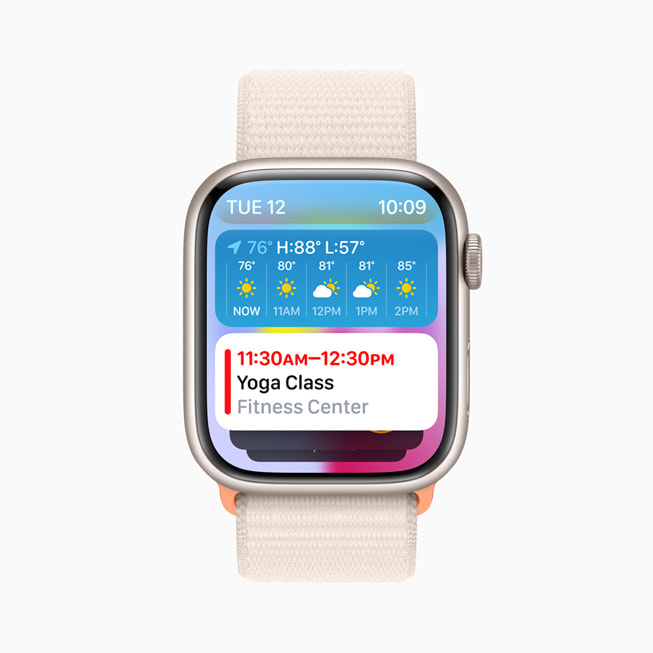 The new Smart Stack is shown on Apple Watch Series 9 with the Sport Loop.