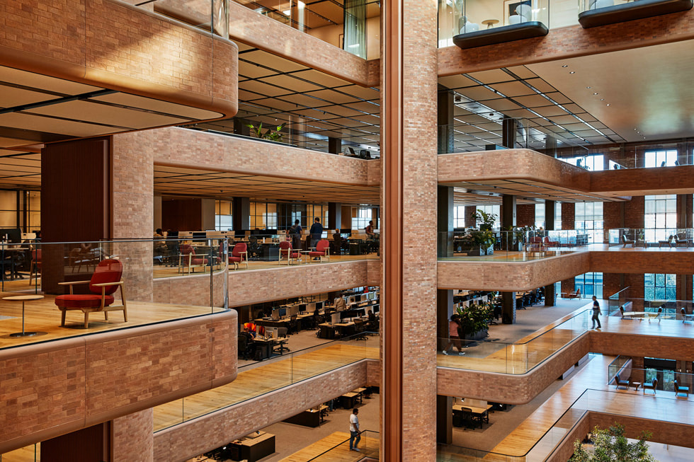 Multiple floors of Battersea Power Station — Apple’s U.K. headquarters — are shown from the inside of the building.