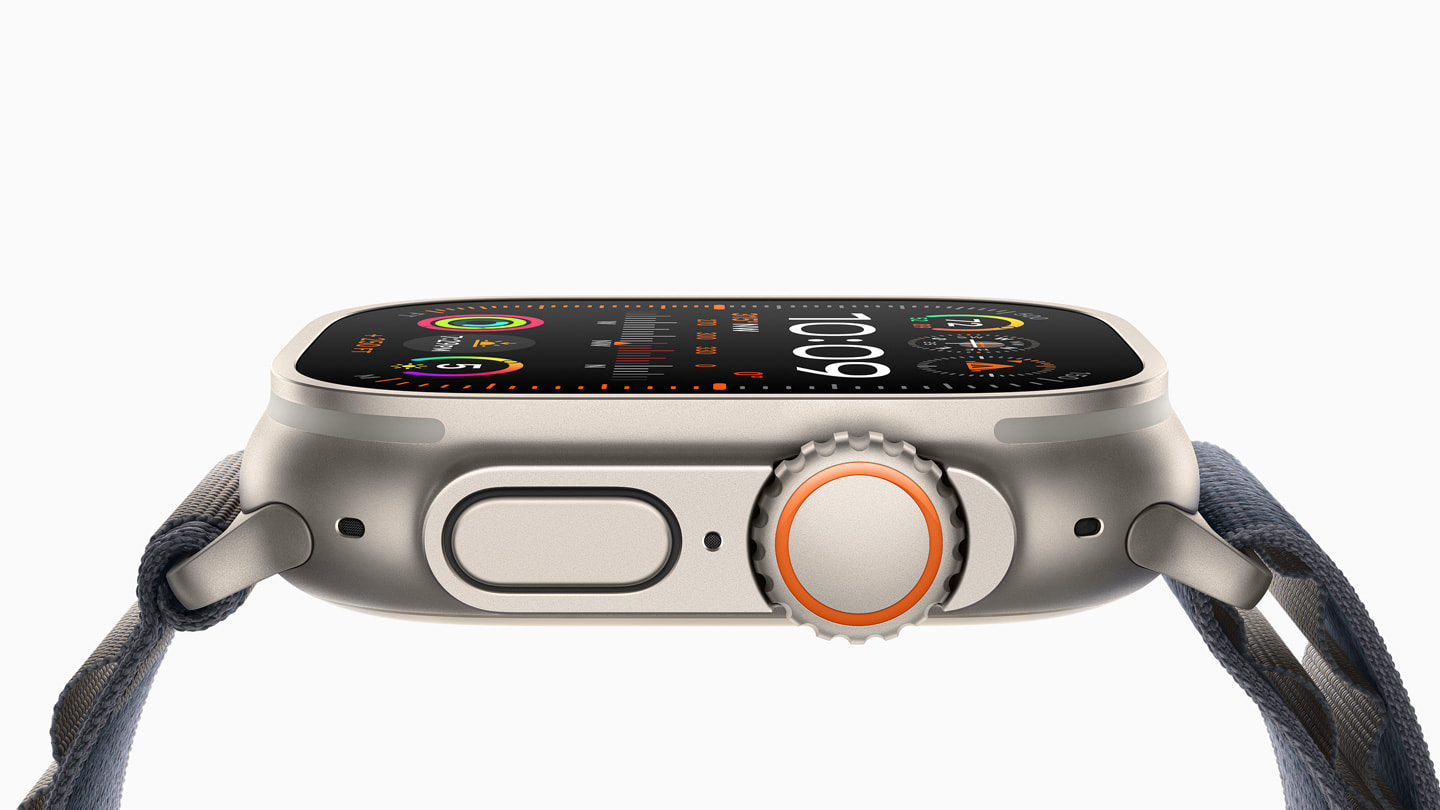 A close-up side view of Apple Watch Ultra 2, showing the Digital Crown.