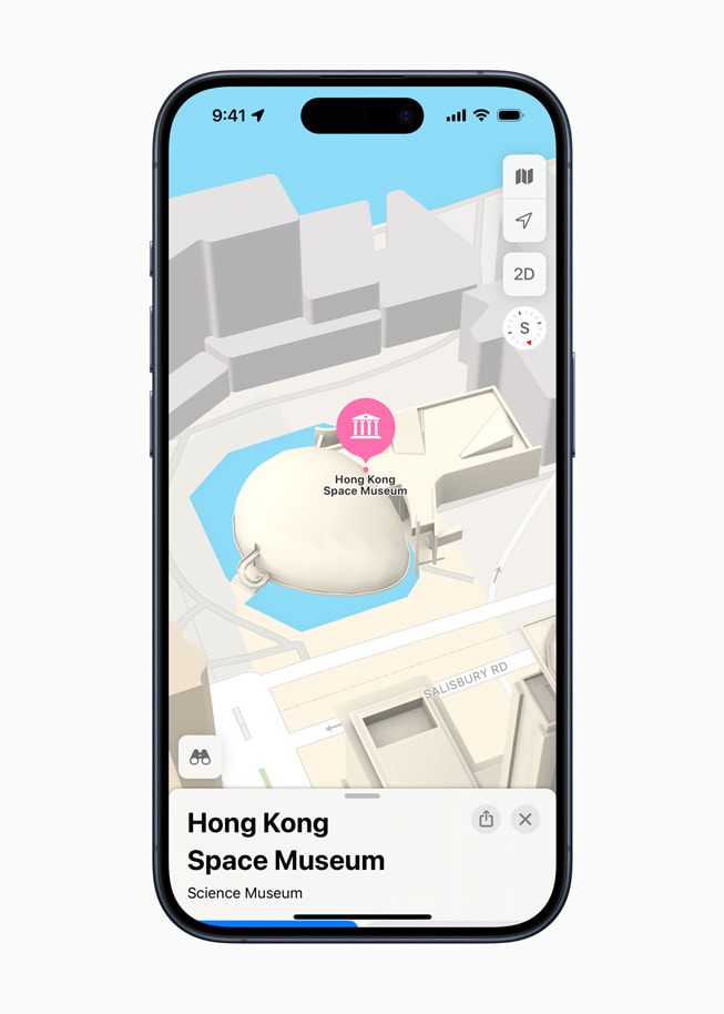 Using three-dimensional cities and other immersive features in the new Maps for the Hong Kong Space Museum on iPhone 15 Pro.
