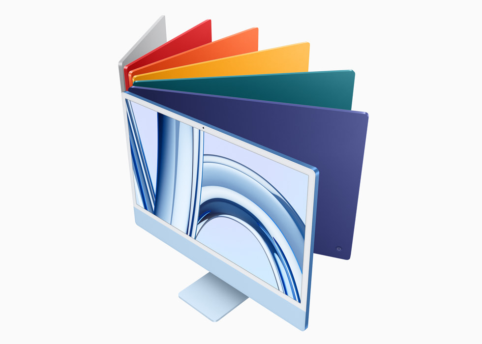 The new 24-inch iMac with M3 is shown in seven colors: silver, pink, orange, yellow, green, purple, and blue.
